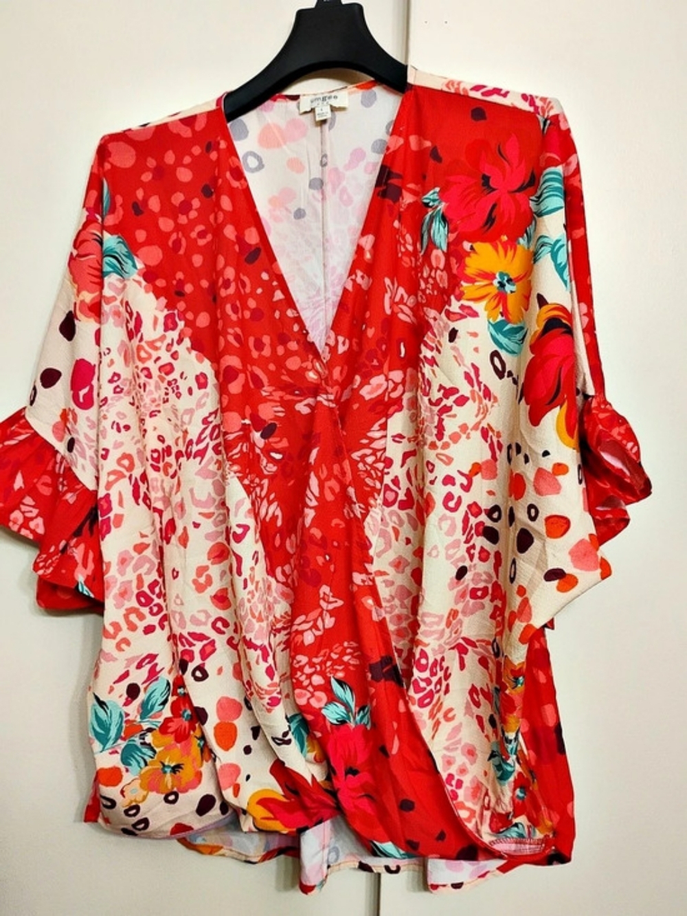 Umgee Floral Animal Mixed Print Crossover Blouse Ruffle V-Neck Top Red & Pink